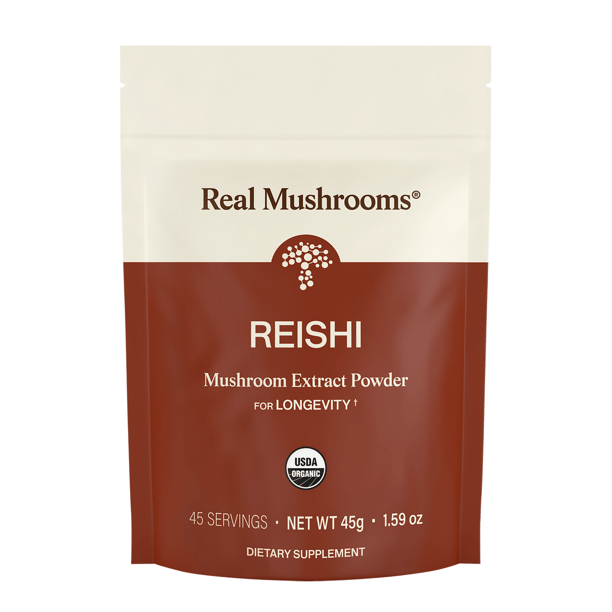 A 45g package of Real Mushrooms Organic Reishi Mushroom Powder – Bulk Extract offers 45 servings of USDA organic, beta-glucan-rich Reishi for longevity and dietary support.