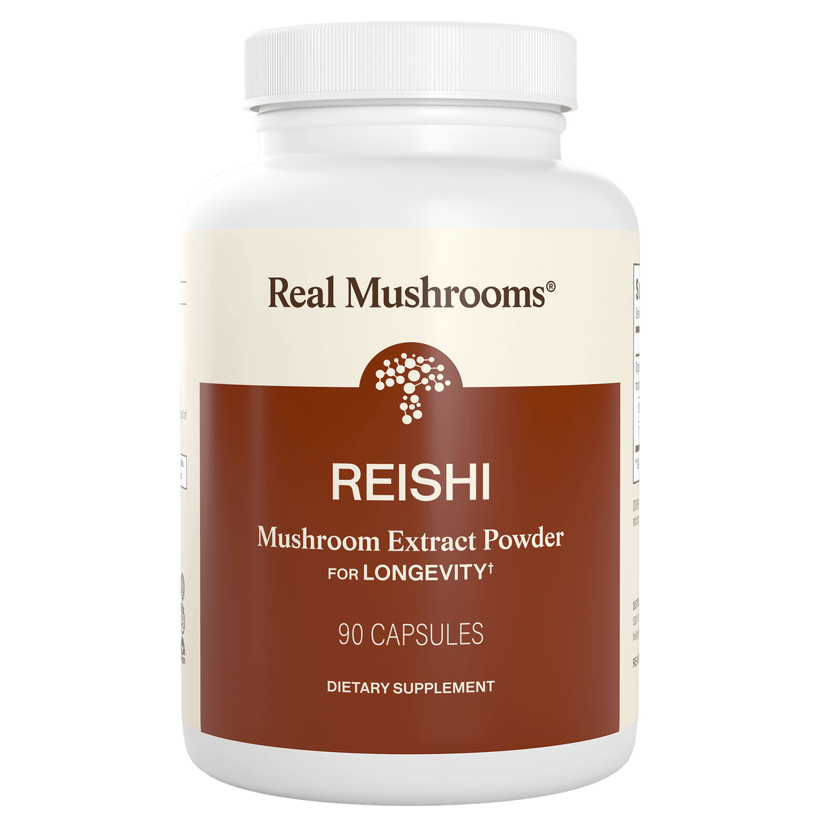 A white bottle labeled “Real Mushrooms Organic Reishi Mushroom Capsules—dietary supplement, 90 capsules.”.