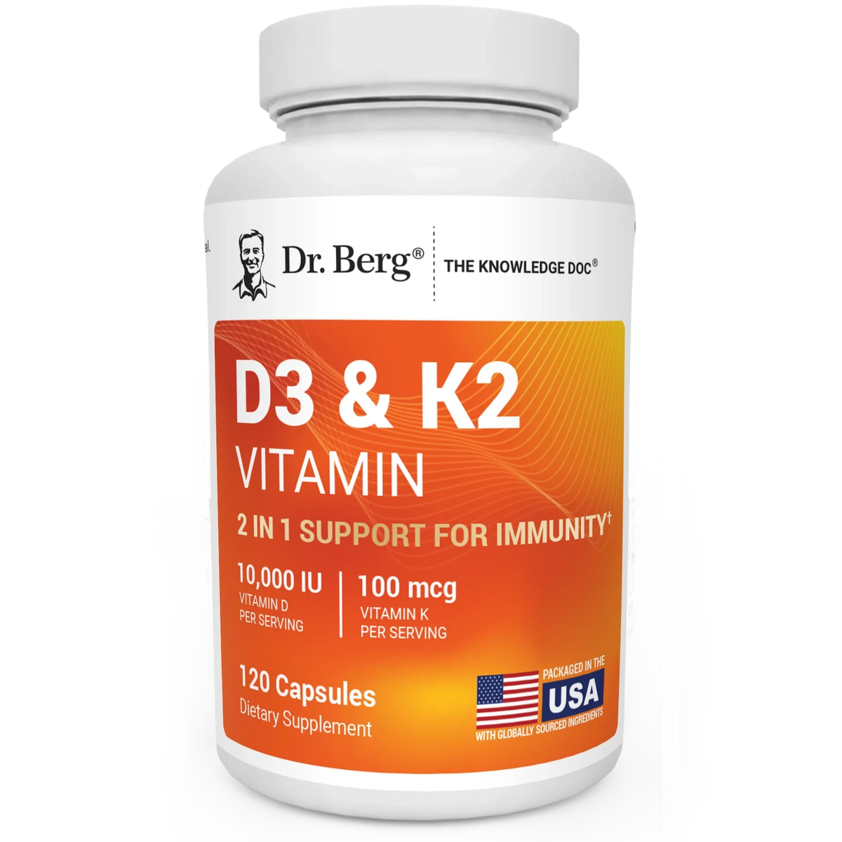 D3 and K2 Vitamin 10,000 IU, 120 capsules, front view, bottle with Dr. Berg branding.