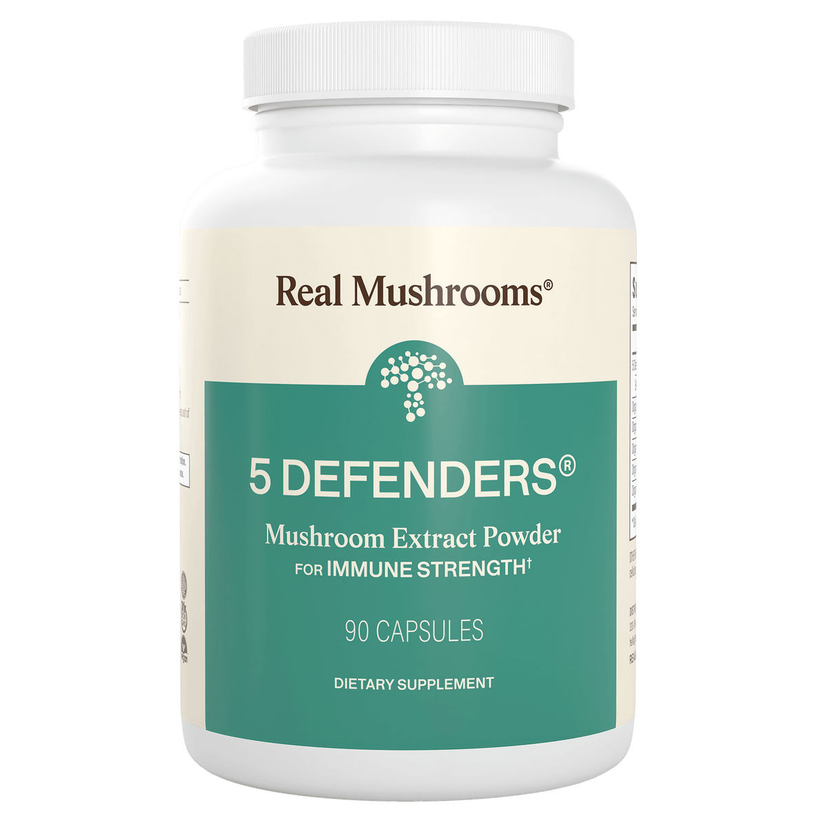 A white bottle labeled "5 Defenders® Organic Mushroom Blend Capsules" by Real Mushrooms, featuring a powerful mushroom complex with 90 capsules for immune support.