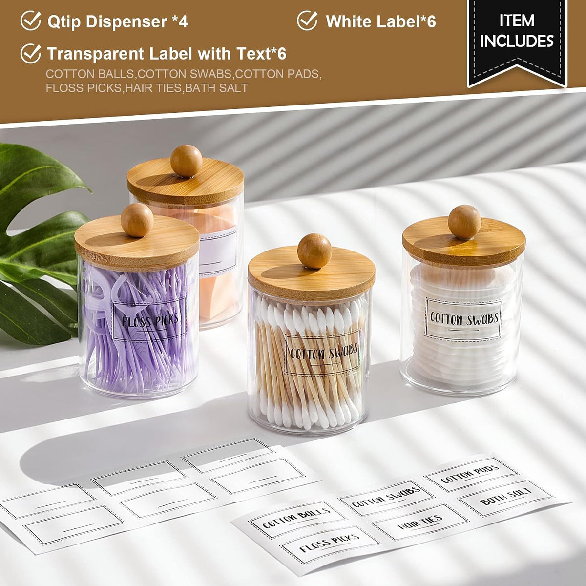 Veyqix 4 Pack Clear Bathroom Storage Jars with Bamboo Lids, Makeup Organizer Containers