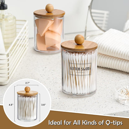 Veyqix 4 Pack Clear Bathroom Storage Jars with Bamboo Lids, Makeup Organizer Containers