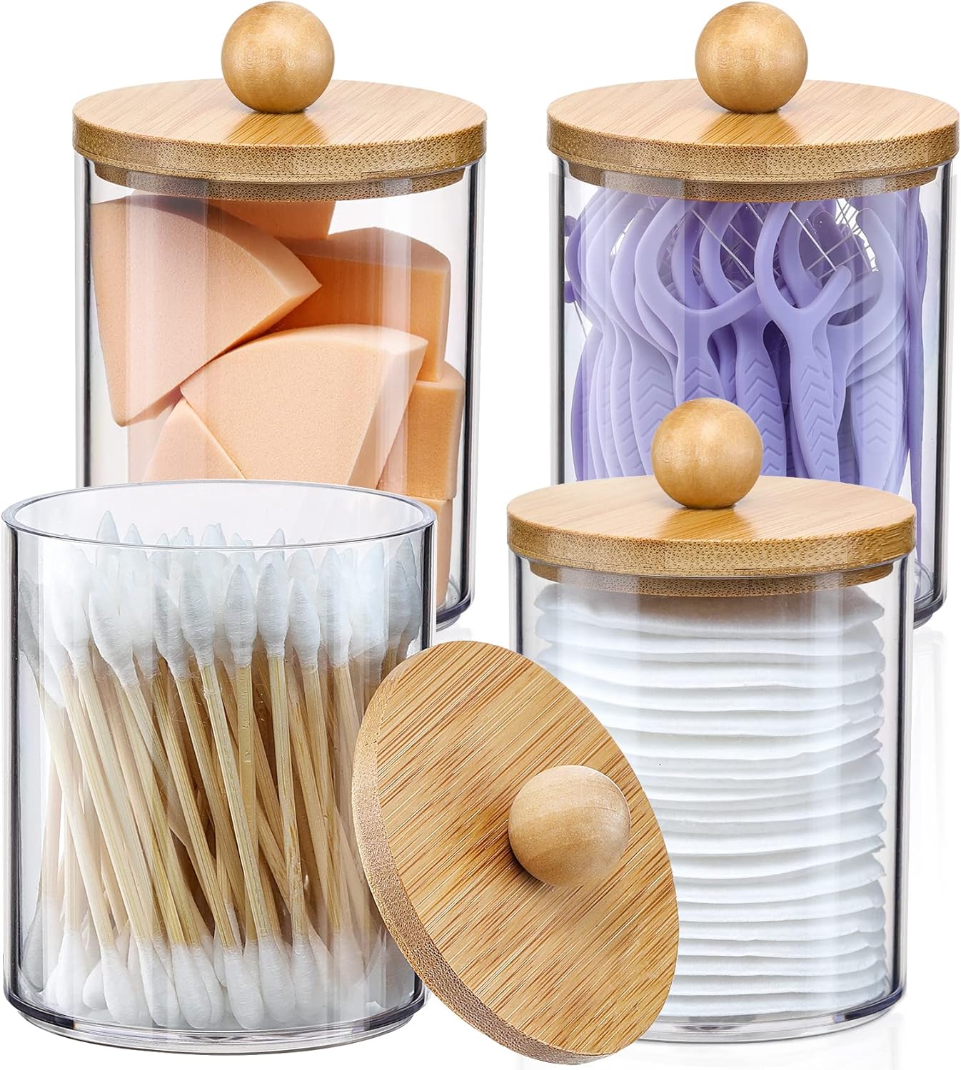 Veyqix 4 Pack Clear Bathroom Storage Jars with Bamboo Lids, Makeup Organizer Containers