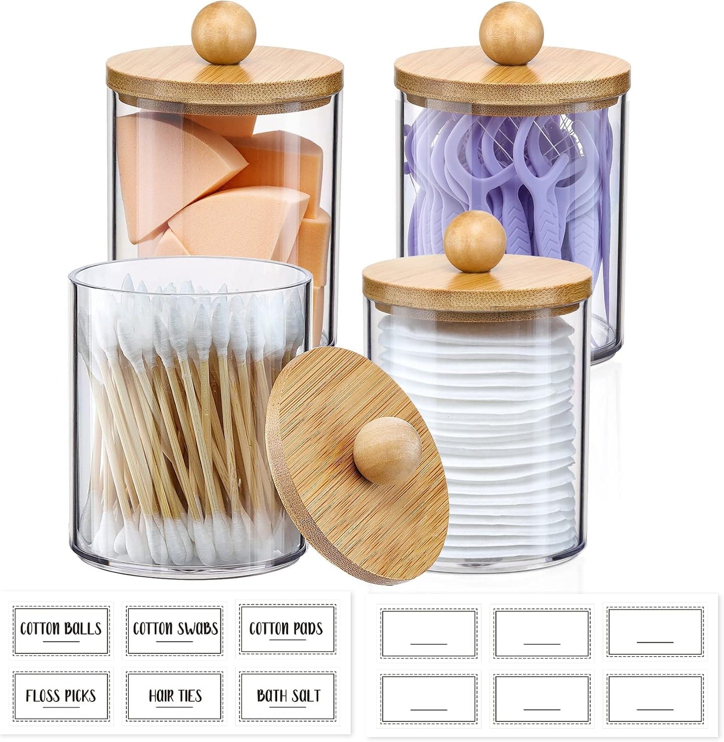 Veyqix 4 Pack Clear Bathroom Storage Jars with Bamboo Lids, Makeup Organizer Containers