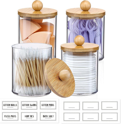 Veyqix 4 Pack Clear Bathroom Storage Jars with Bamboo Lids, Makeup Organizer Containers