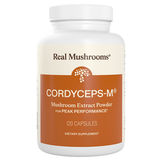 A white bottle labeled "Organic Cordyceps-M® Extract Capsules" by Real Mushrooms, containing 120 capsules for energy support and stamina.