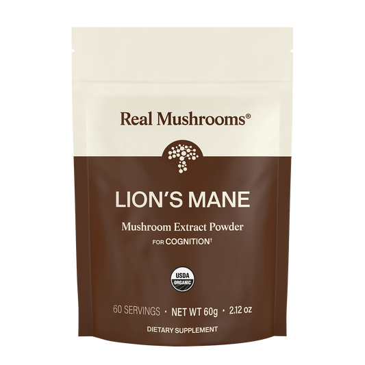 A brown and cream pouch labeled "Real Mushrooms Lion’s Mane Mushroom Powder" offers 60 servings (60g), is USDA Organic certified, and highlights organic Lion’s Mane for cognition and immune support.