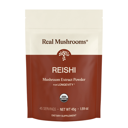 A 45g package of Real Mushrooms Organic Reishi Mushroom Powder – Bulk Extract offers 45 servings of USDA organic, beta-glucan-rich Reishi for longevity and dietary support.