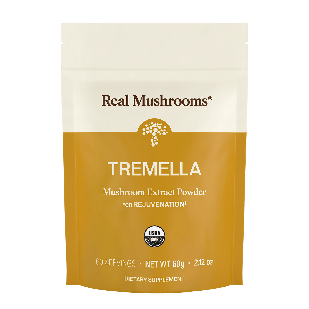 A yellow and white pouch of Real Mushrooms Organic Tremella Extract Powder, USDA Organic, net weight 60g (2.12 oz), 60 servings; rich in beta-glucans to support skin, hair, and nail health and rejuvenation.