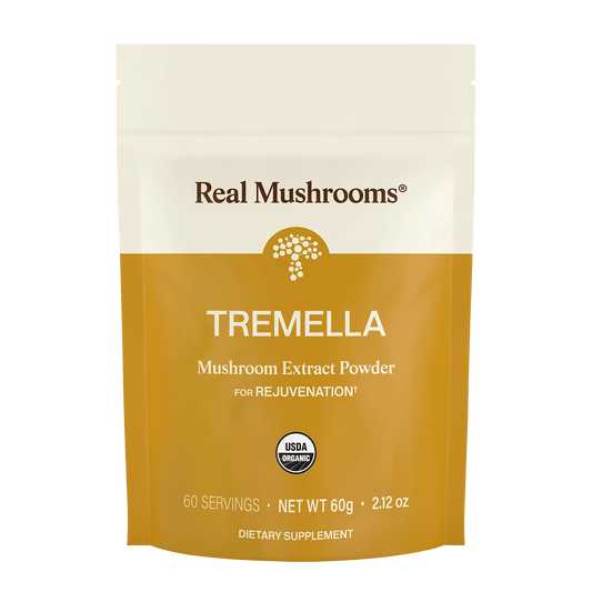 A yellow and white pouch of Real Mushrooms Organic Tremella Extract Powder, USDA Organic, net weight 60g (2.12 oz), 60 servings; rich in beta-glucans to support skin, hair, and nail health and rejuvenation.