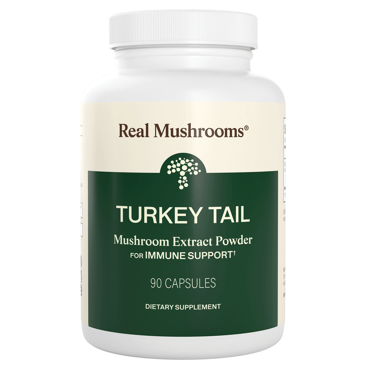 A white bottle labeled "Real Mushrooms Turkey Tail Mushroom Capsules," containing 90 capsules rich in beta-glucans for immune support.
