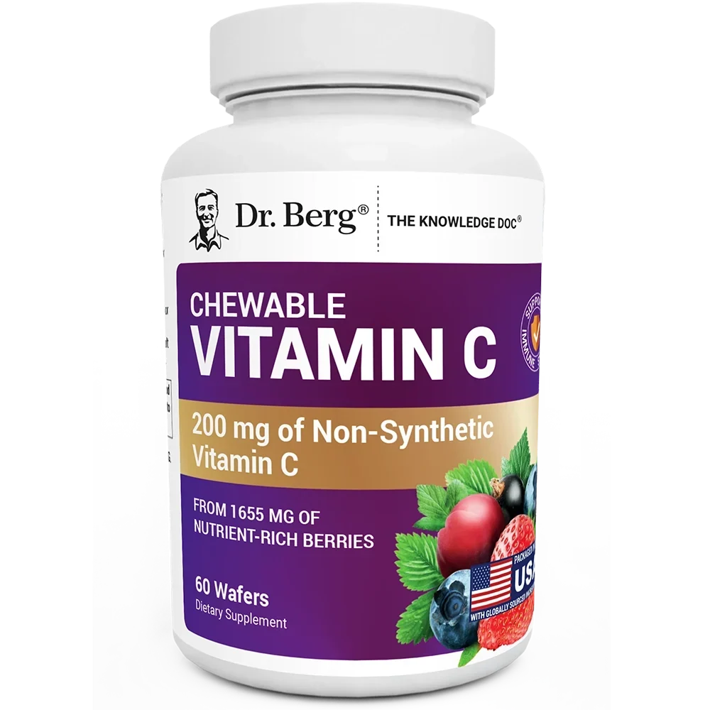 Chewable Vitamin C Complex, no added sugar, 60 wafers, front view, bottle with Dr. Berg branding and mixed berries on the cover.