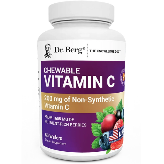 Chewable Vitamin C Complex, no added sugar, 60 wafers, front view, bottle with Dr. Berg branding and mixed berries on the cover.