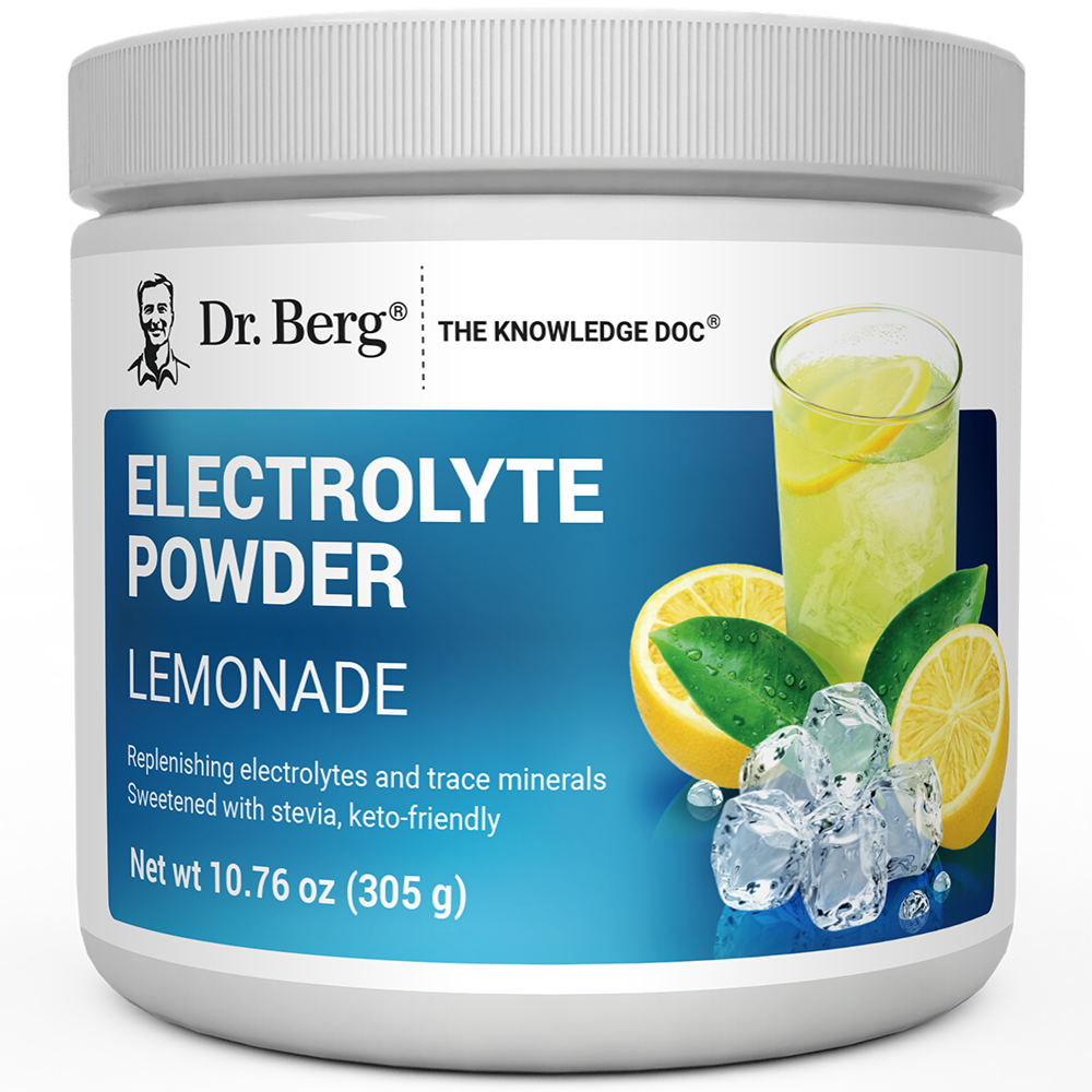 Electrolyte Powder, Lemonade Flavor, 50 Servings, 10.76 ounces, front view, bottle with Dr. Berg branding and a glass of lemonade on the cover.