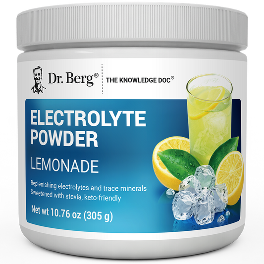 Electrolyte Powder, Lemonade Flavor, 50 Servings, 10.76 ounces, front view, bottle with Dr. Berg branding and a glass of lemonade on the cover.