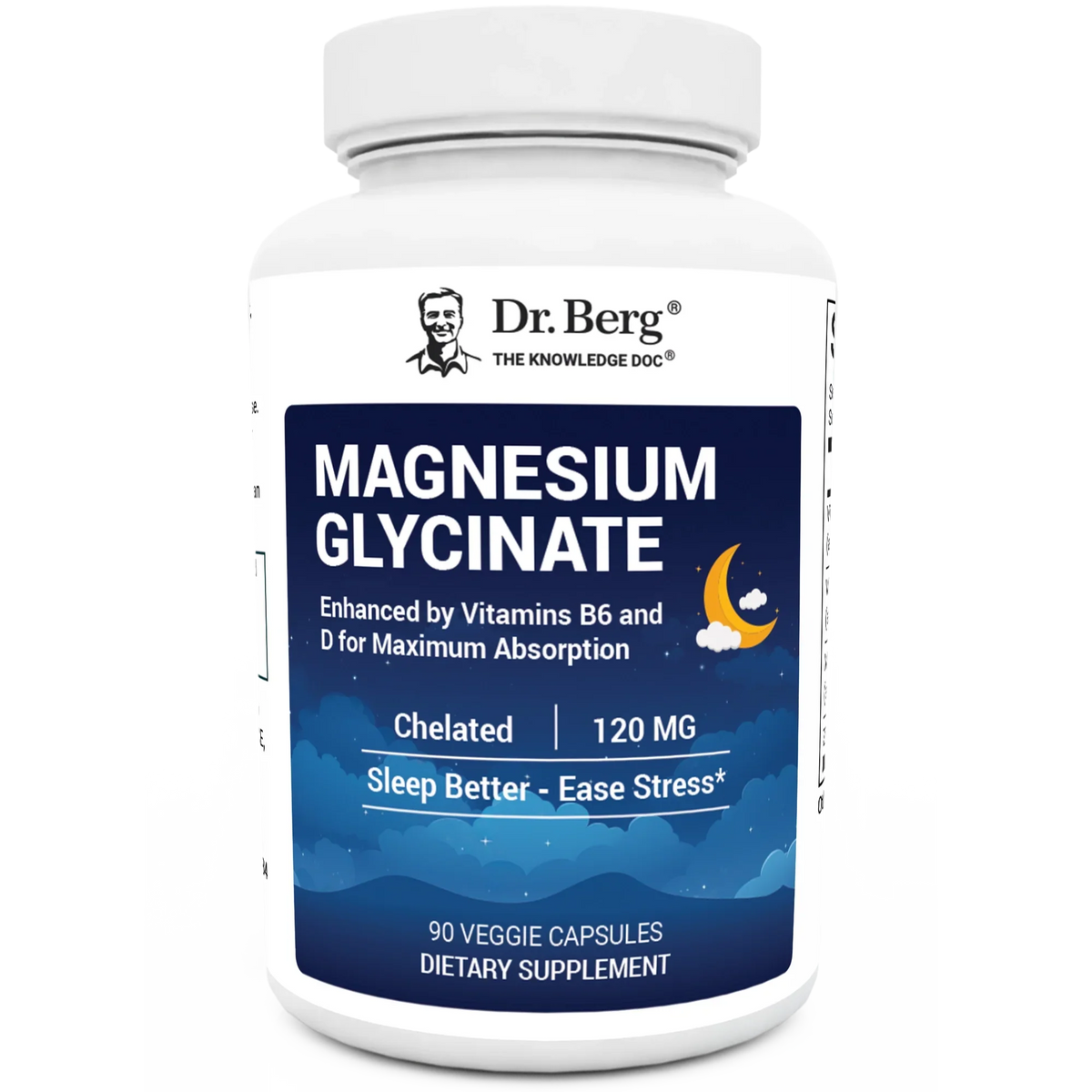 Magnesium Glycinate, 90 veggie capsules, front view, bottle with Dr. Berg branding and night sky design on the label.