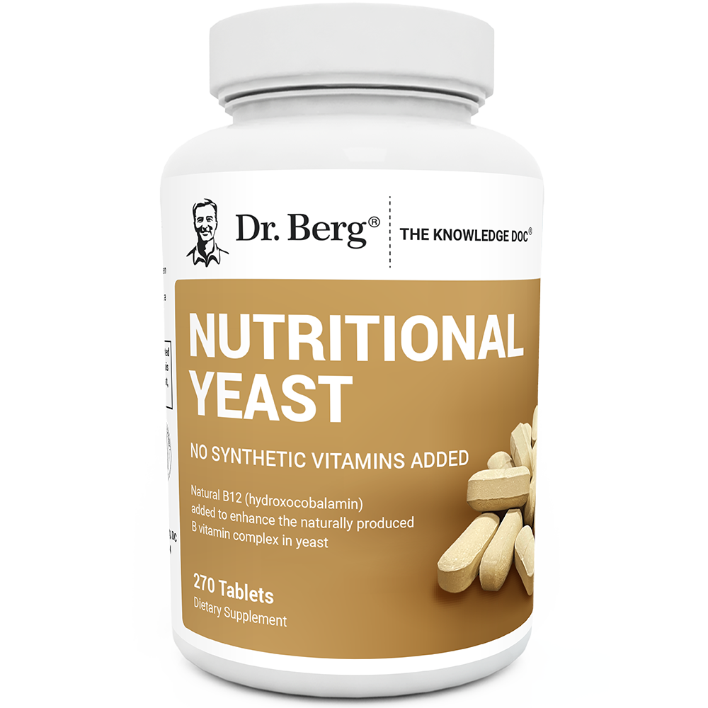 Nutritional Yeast Tablets, 270 Tablets, no synthetic vitamins added, front view, bottle with Dr. Berg branding.