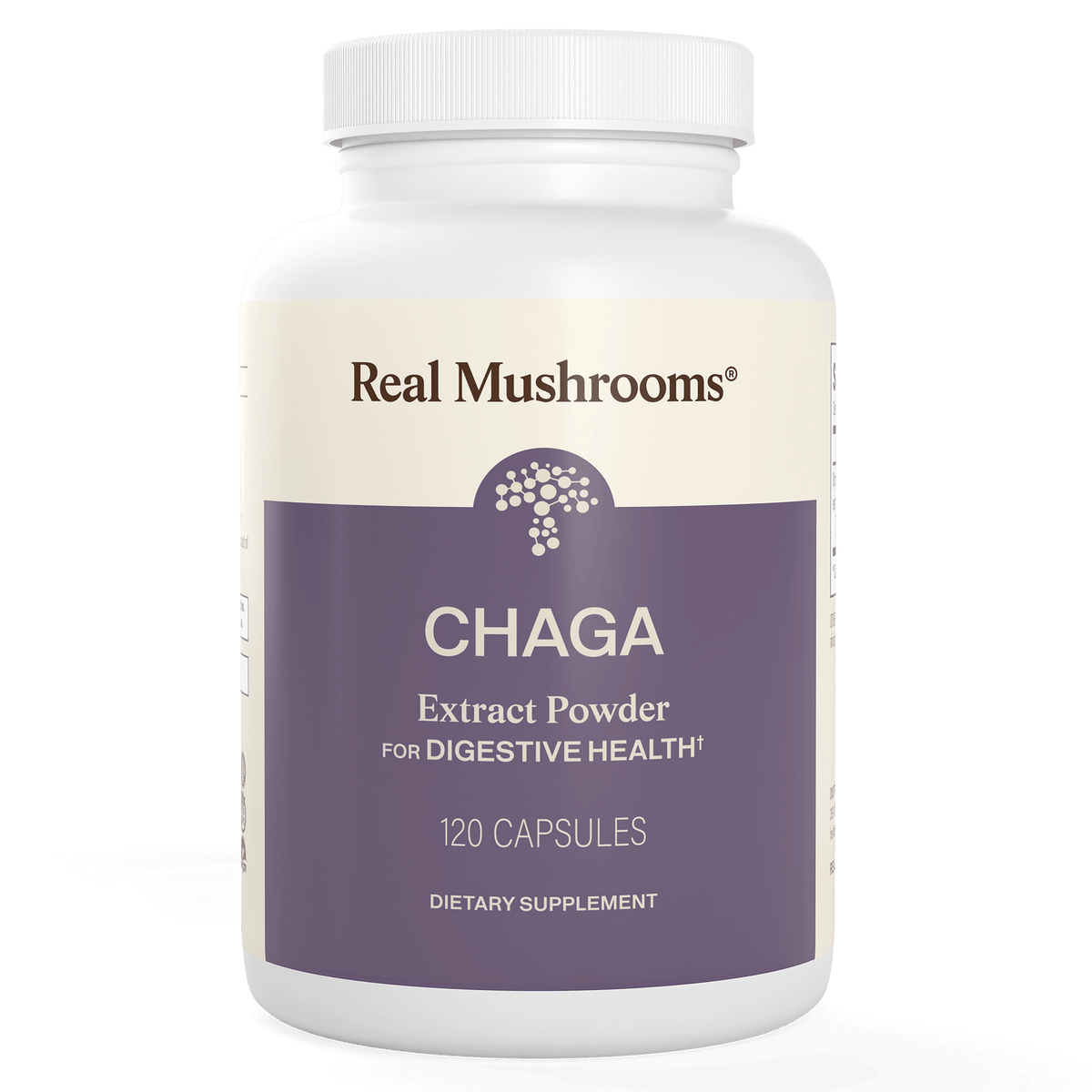 A white bottle labeled "Real Mushrooms Organic Chaga Extract Capsules," containing 120 capsules with beta-glucans from Chaga mushroom for digestive and immune support as a dietary supplement.